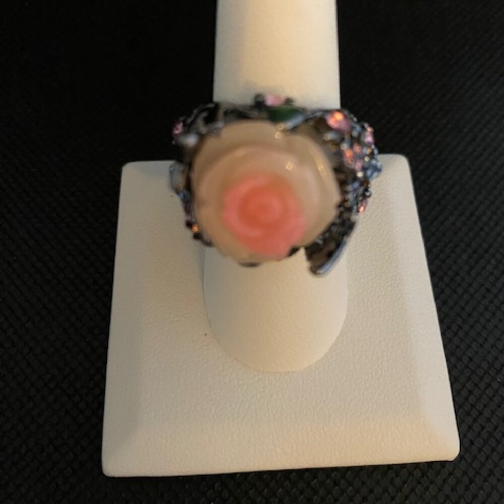 Size 9 Silver Pink Rose Ring with Tiny Gems
